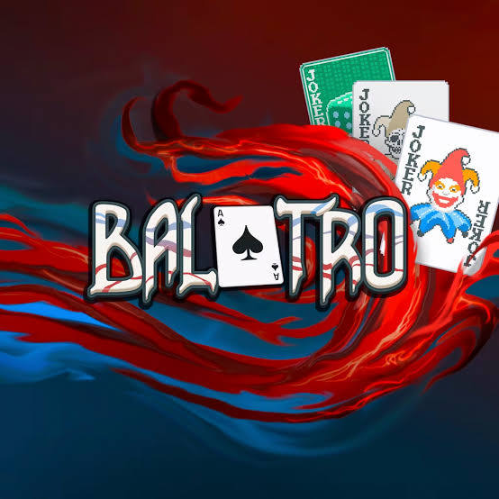 A flashy logo with a warped red and blue background, with joker cards