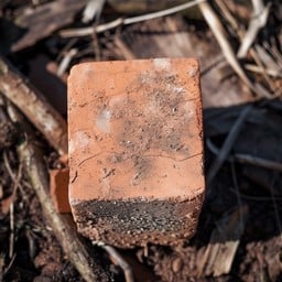 close-up of a single weathered brick resting on top of a pile of twigs
