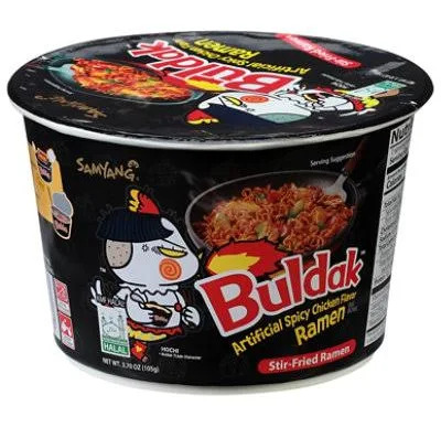 A bowl of spicy instant noodles.