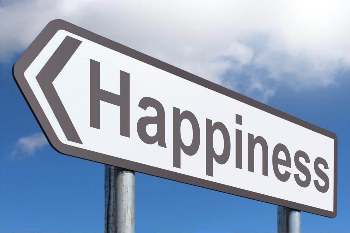 White sign with word 'happiness' written on it in all caps