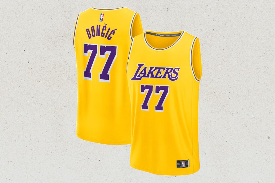Luka Doncic's new look with the Los Angeles Lakers, a standard yellow jersey with purple lettering of the Los Angeles Lakers