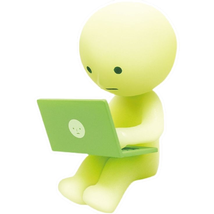 a smiski: a green humanoid-outline in 3-d rendered CG with a laptop that has an unsmiley face sticker