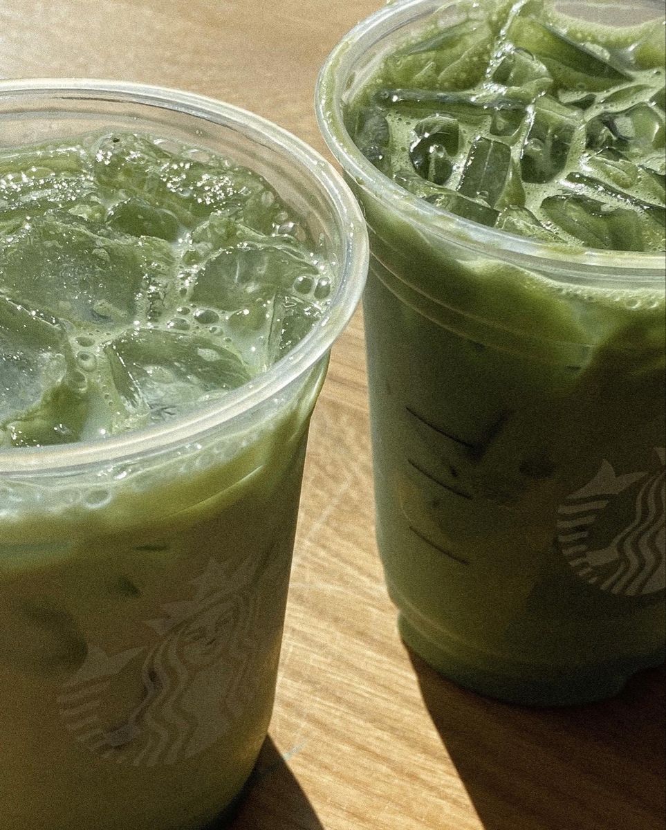 green, tasty, iced matcha latte with 2 pumps of browns sugar